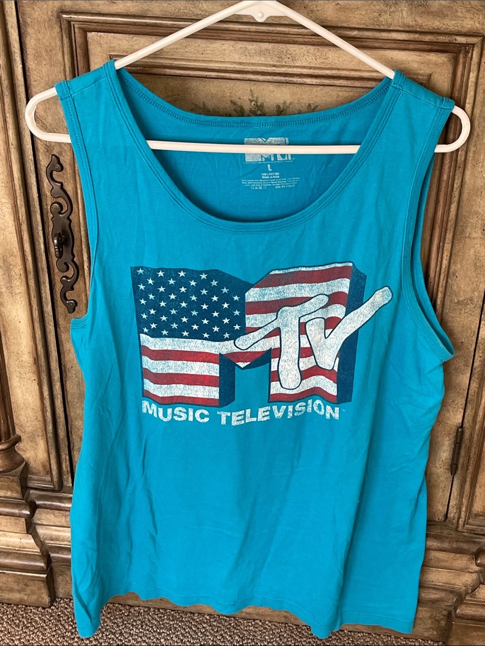 MTV Turquoise Graphic Tank with American Flag Logo